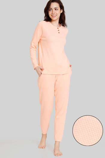 Zivame Waffle Knit Cotton Loungewear Set Peach Parfait